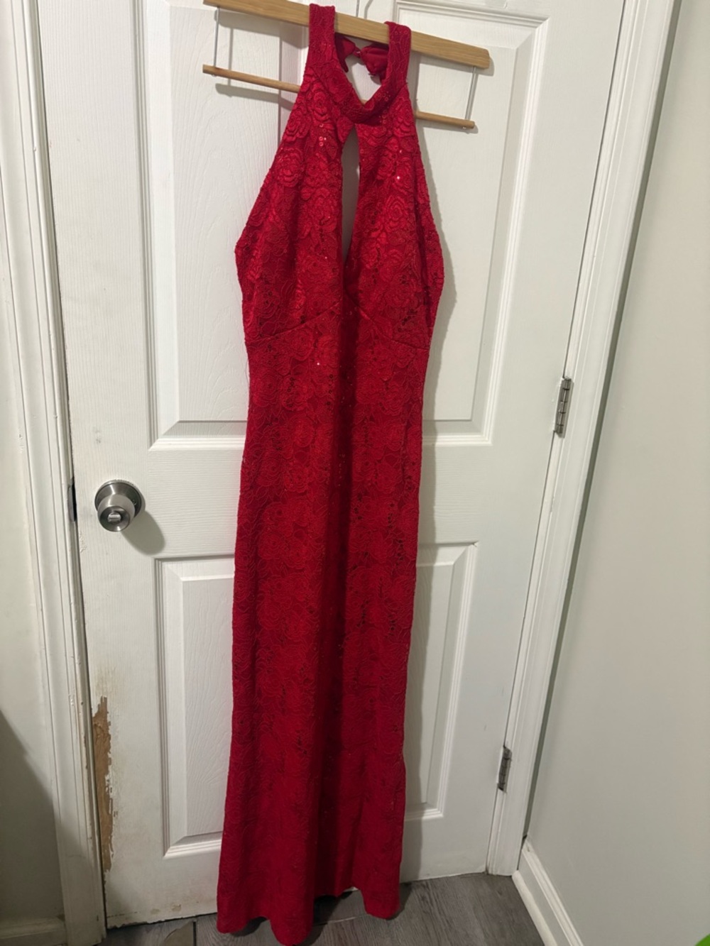 Stunning Red Lace Halter Prom Gown